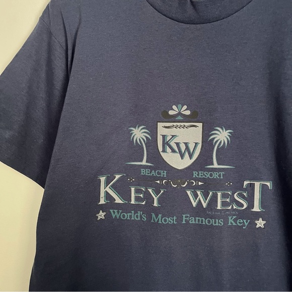VTG KEY WEST FL DESTINATION TEE SOUVENIR GRAPHIC T SHIRT NAVY TEAL GREY LARGE - Picture 3 of 5
